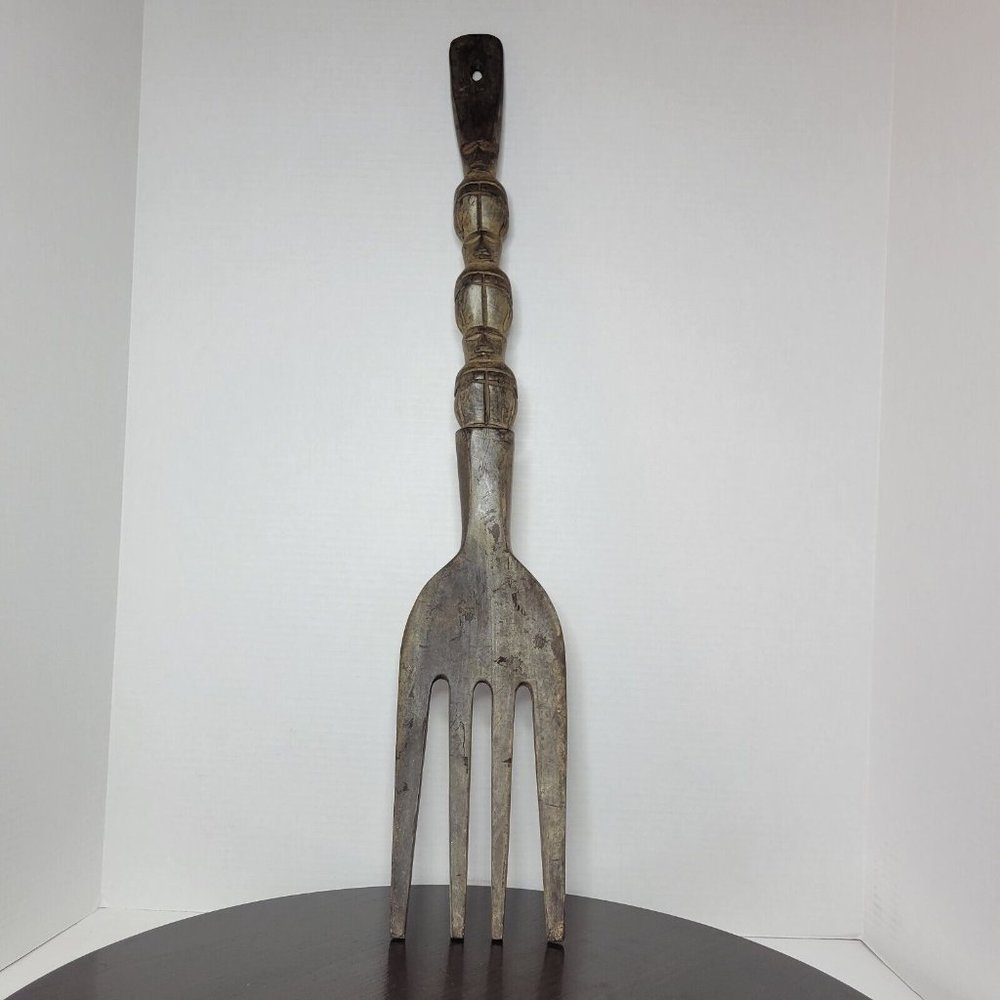 Vintage Hand Carved Wooden Tiki Totem Style Fork Kitchen Wall Decor  27"